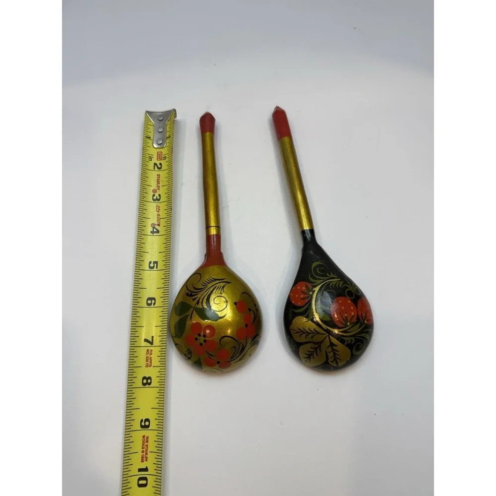 Russian Khokhloma Hand-Painted Wooden Spoons Floral Folk Art Gold Red Black‎